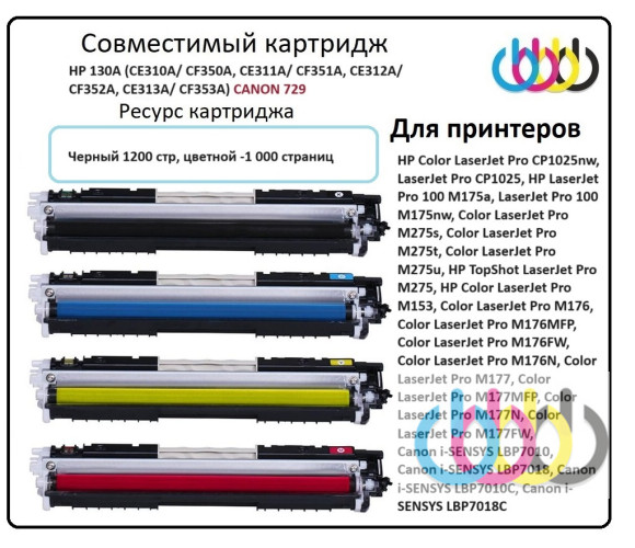 Комплект совместимых картриджей HP 126A, HP 130A (CE310A/ CF350A, CE311A/ CF351A, CE312A/ CF352A, CE313A/ CF353A) для принтеров HP Color LaserJet Pro M175, HP TopShot M275, HP M176, M177, CP1020, CP1025, Canon i-SENSYS LBP-7010, Canon i-SENSYS LBP-7018 Комплект совместимых картриджей HP 126A, HP 130A (CE310A/ CF350A, CE311A/ CF351A, CE312A/ CF352A, CE313A/ CF353A) для принтеров HP Color LaserJet Pro M175, HP TopShot M275, HP M176, M177, CP1020, CP1025, Canon i-SENSYS LBP-7010, Canon i-SENSYS LBP-7018